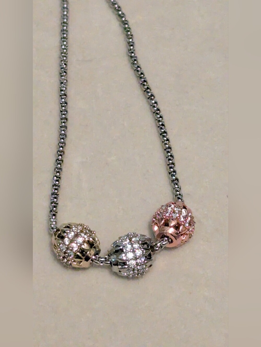 Tri-Tone Pave Ball Necklace - Rose, Silver & Gold 18kt plated Adjusts 16-18"